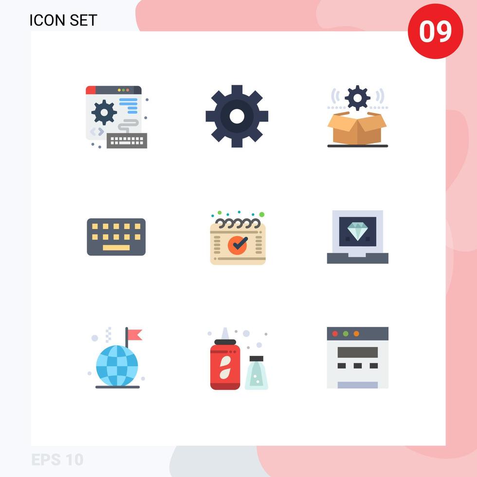 conjunto de pictogramas de 9 colores planos simples de codificación calendario equipo cita tablero elementos de diseño vectorial editables vector