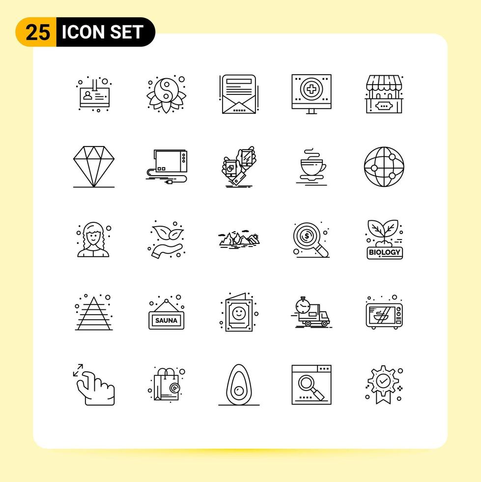 Mobile Interface Line Set of 25 Pictograms of game ticket office email newsletter monitor heart Editable Vector Design Elements