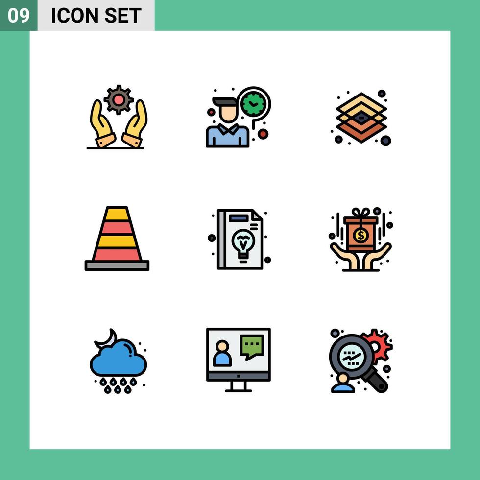 conjunto moderno de 9 colores planos y símbolos de línea de llenado, como herramientas de educación, herramientas de construcción creativa, elementos de diseño de vectores editables