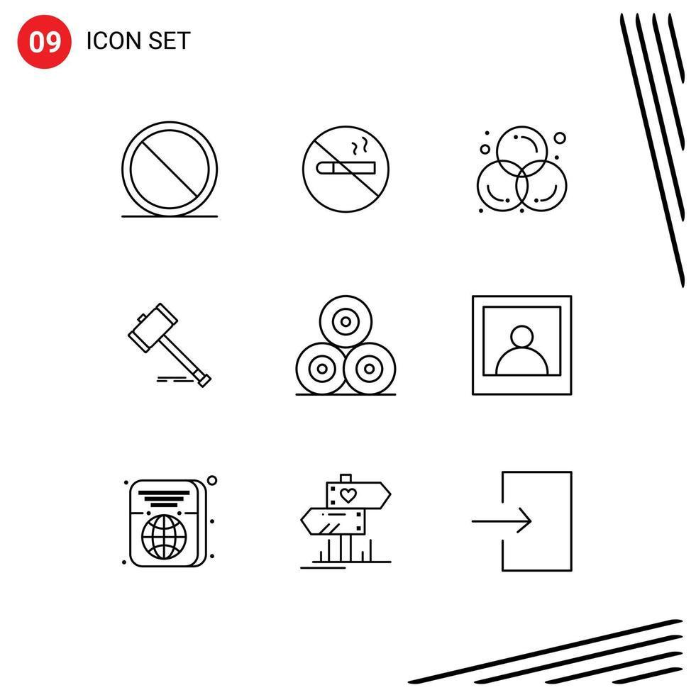 User Interface Pack of 9 Basic Outlines of hammer court art auction graphic Editable Vector Design Elements