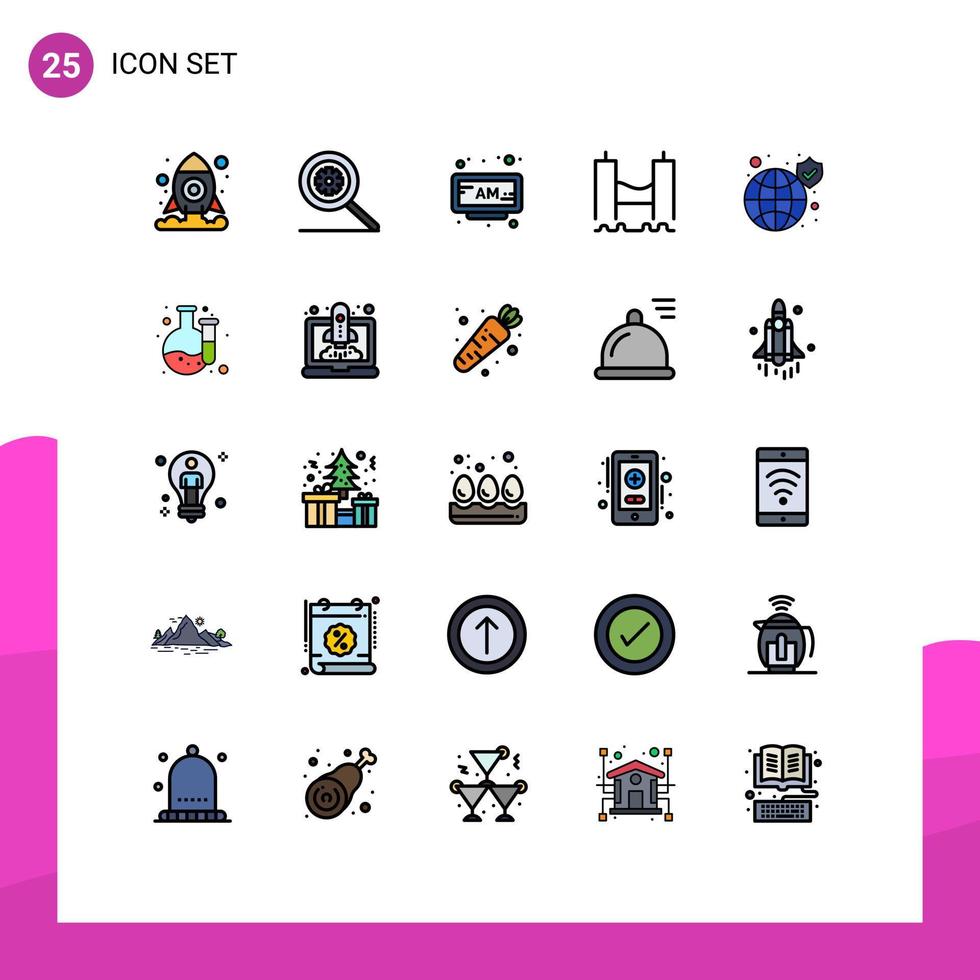 Pack of 25 Modern Filled line Flat Colors Signs and Symbols for Web Print Media such as safety global clock river harbor Editable Vector Design Elements