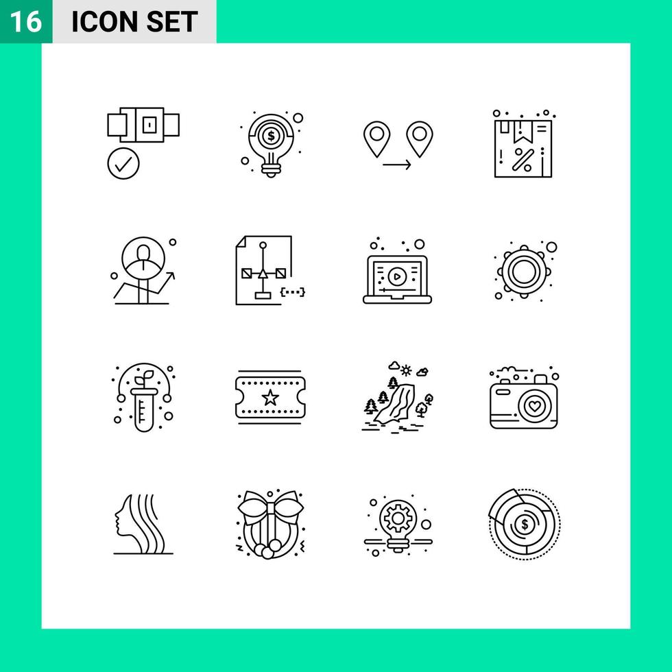 conjunto moderno de 16 contornos y símbolos, como gps de usuario de gráficos, ofrecen elementos de diseño de vectores editables del paquete