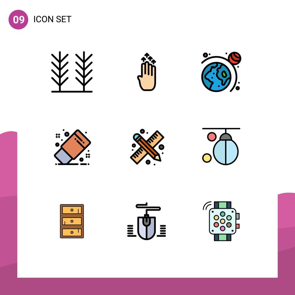 Group of 9 Filledline Flat Colors Signs and Symbols for pencil and ruler back to school astronomy tool eraser Editable Vector Design Elements