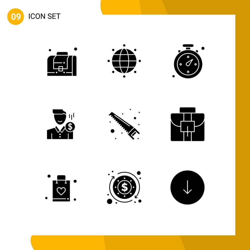 Universal Icon Symbols Group of 9 Modern Solid Glyphs of saw user shopping salary money Editable Vector Design Elements