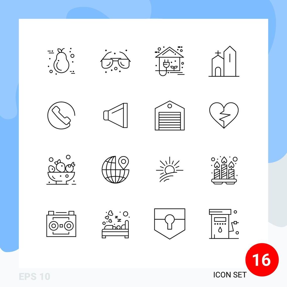 16 User Interface Outline Pack of modern Signs and Symbols of historic christian sunglasses building home Editable Vector Design Elements