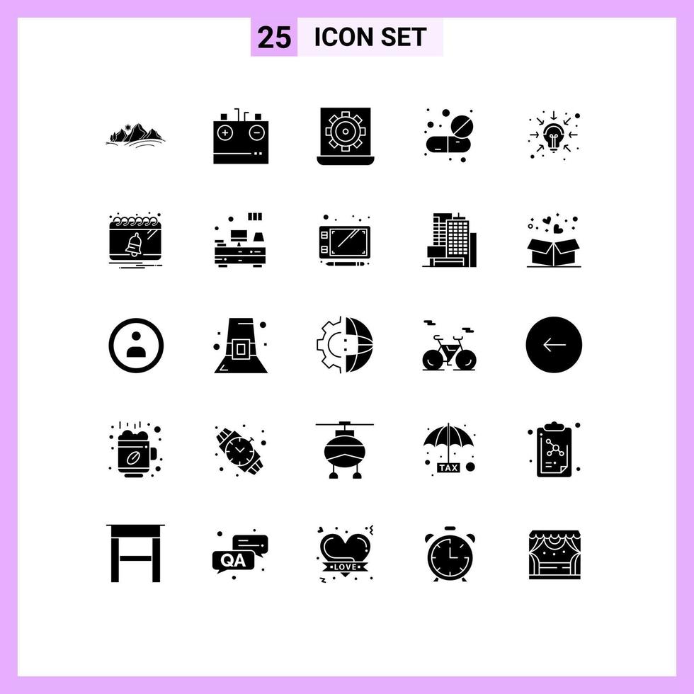 Modern Set of 25 Solid Glyphs Pictograph of medicine capsule electricity setting laptop Editable Vector Design Elements