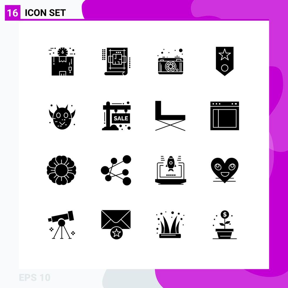 16 User Interface Solid Glyph Pack of modern Signs and Symbols of star one blue print military picture Editable Vector Design Elements