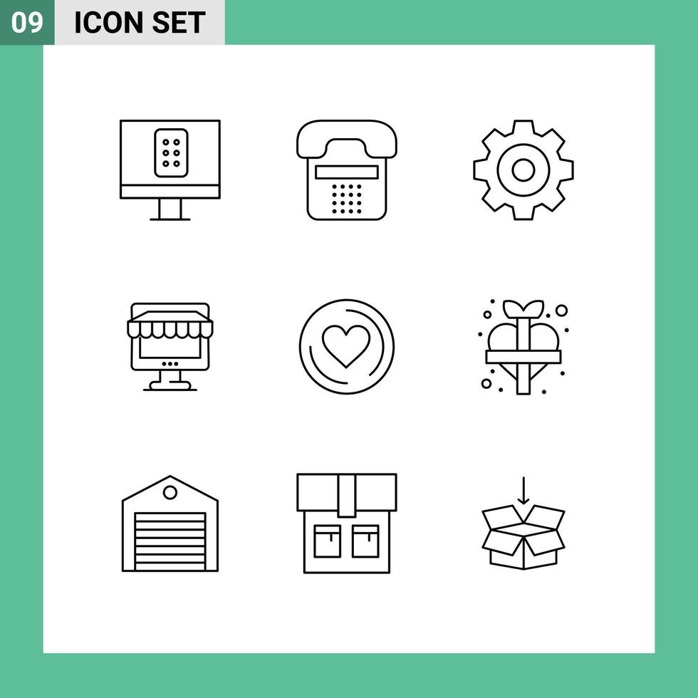 Pack of 9 Modern Outlines Signs and Symbols for Web Print Media such as cd online create store shop Editable Vector Design Elements