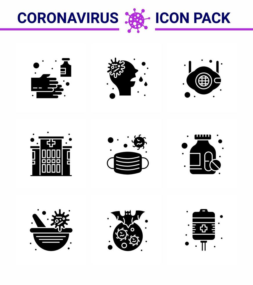 Novel Coronavirus 2019nCoV 9 Solid Glyph Black icon pack face clinic virus building safety viral coronavirus 2019nov disease Vector Design Elements