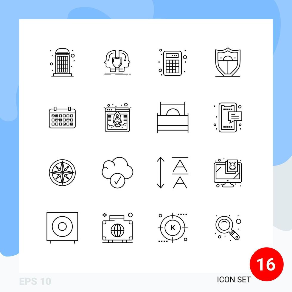 Pack of 16 Modern Outlines Signs and Symbols for Web Print Media such as date motivation sheild security calculation Editable Vector Design Elements