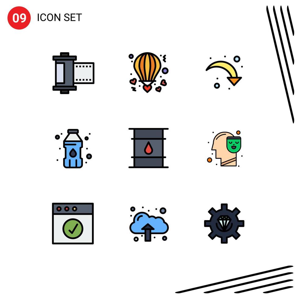9 Universal Filledline Flat Color Signs Symbols of container plastic container valentine drinking water down Editable Vector Design Elements