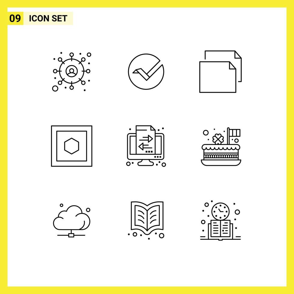 Group of 9 Modern Outlines Set for cake transaction document finance six sides Editable Vector Design Elements