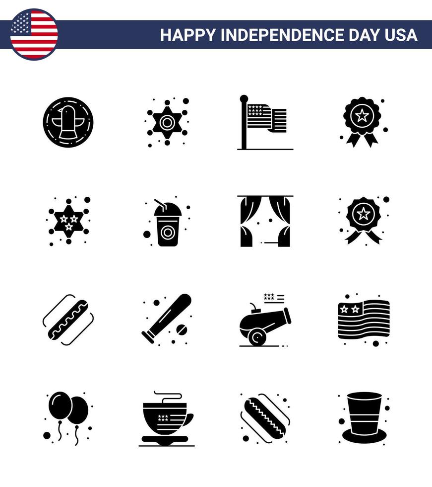 USA Independence Day Solid Glyph Set of 16 USA Pictograms of military medal american independence day holiday Editable USA Day Vector Design Elements