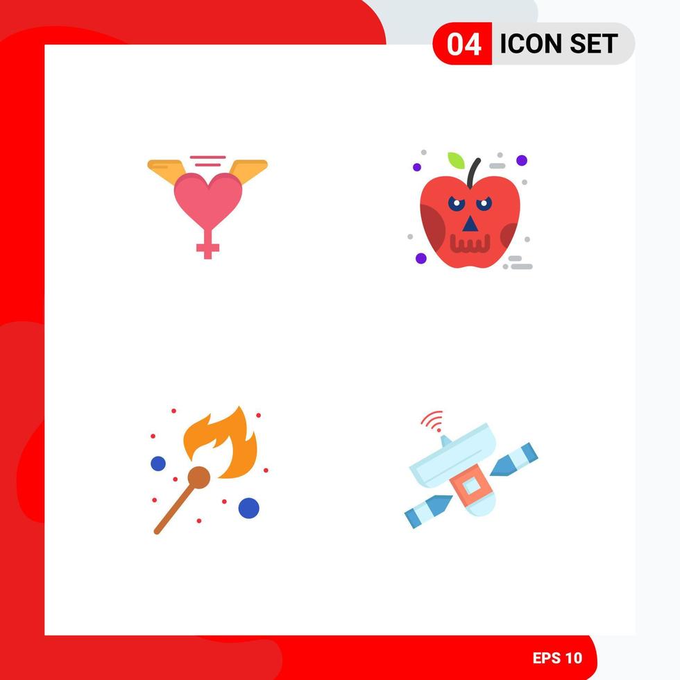 Set of 4 Modern UI Icons Symbols Signs for heart lighter apple skull satellite Editable Vector Design Elements