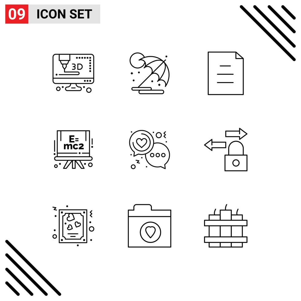 9 User Interface Outline Pack of modern Signs and Symbols of data love text heart chat Editable Vector Design Elements