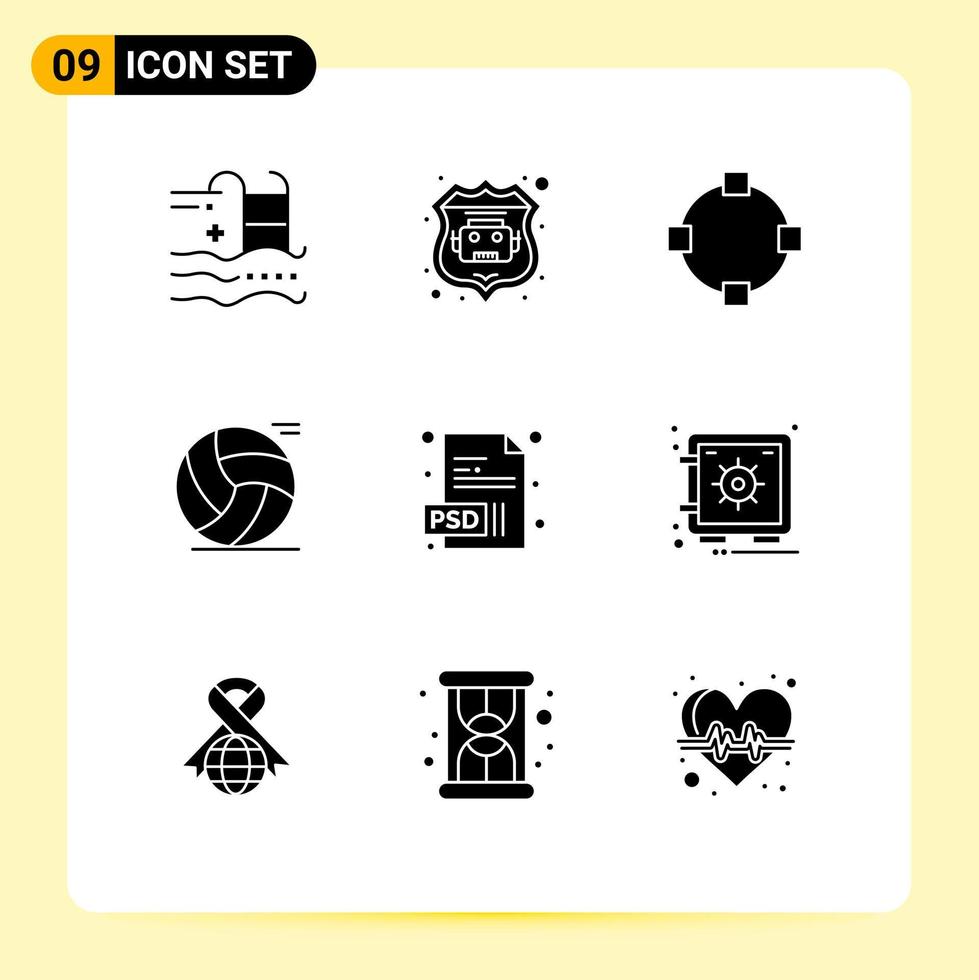 Pictogram Set of 9 Simple Solid Glyphs of psd document circle play basketball Editable Vector Design Elements