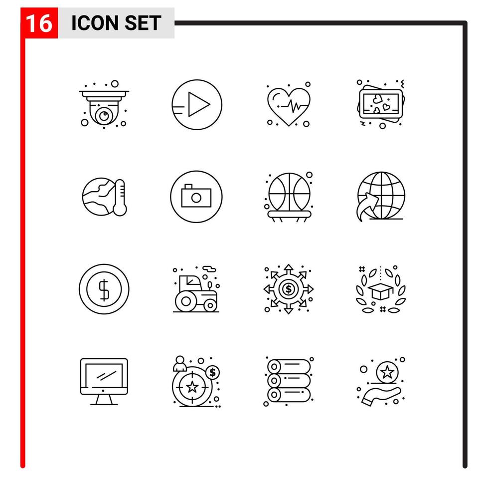 16 User Interface Outline Pack of modern Signs and Symbols of camera hot heartbeat global earth Editable Vector Design Elements