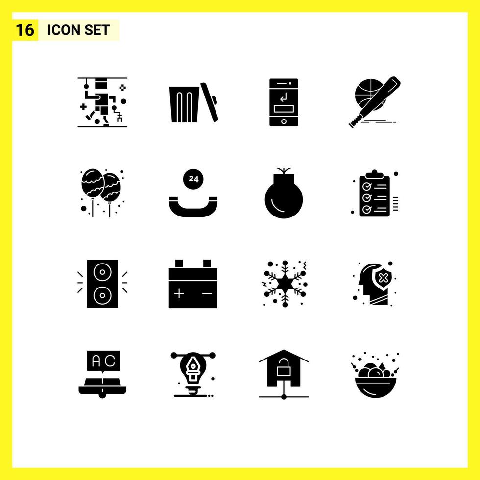 Group of 16 Modern Solid Glyphs Set for fun ball arrows basket technology Editable Vector Design Elements