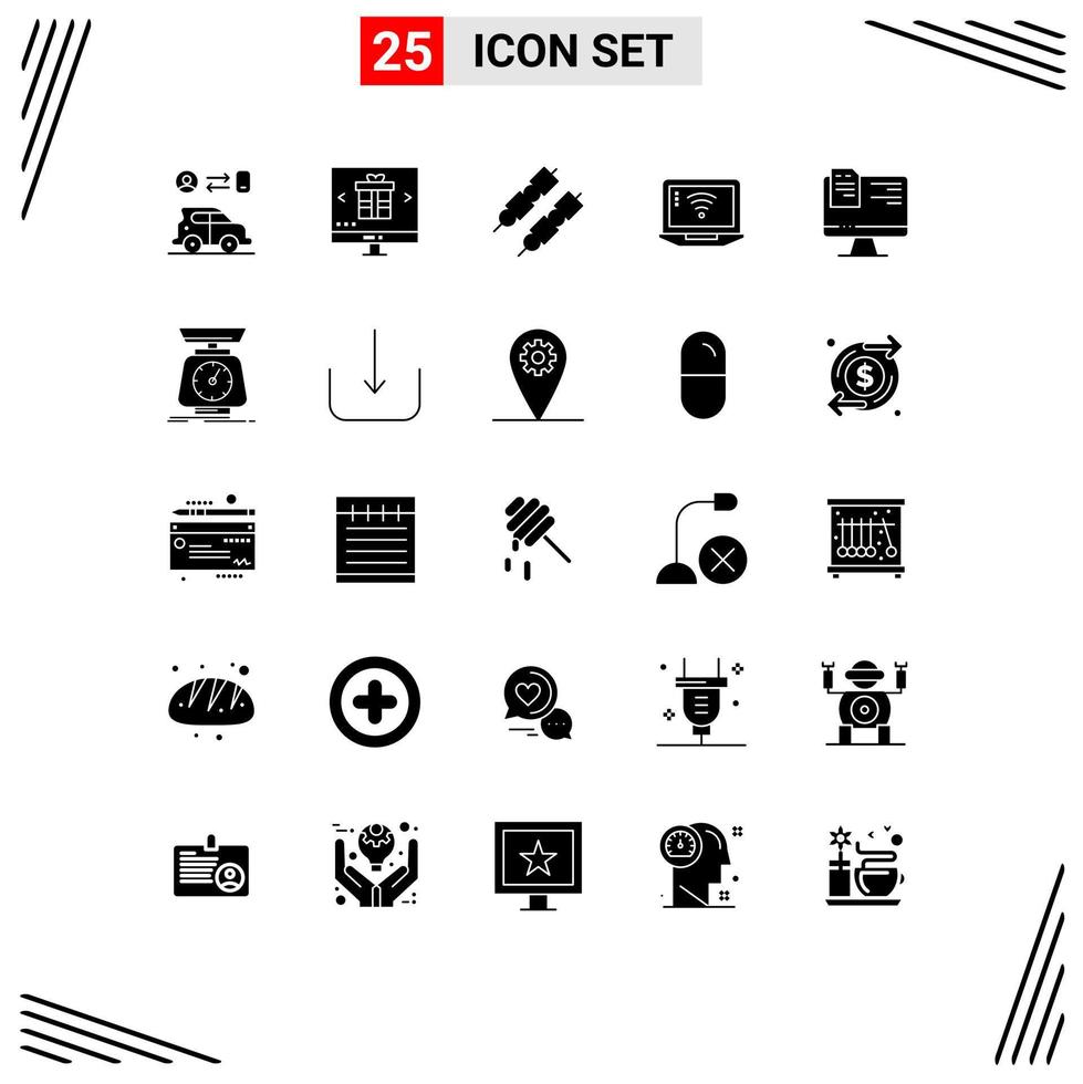 25 Thematic Vector Solid Glyphs and Editable Symbols of file wifi shopping signal laptop Editable Vector Design Elements