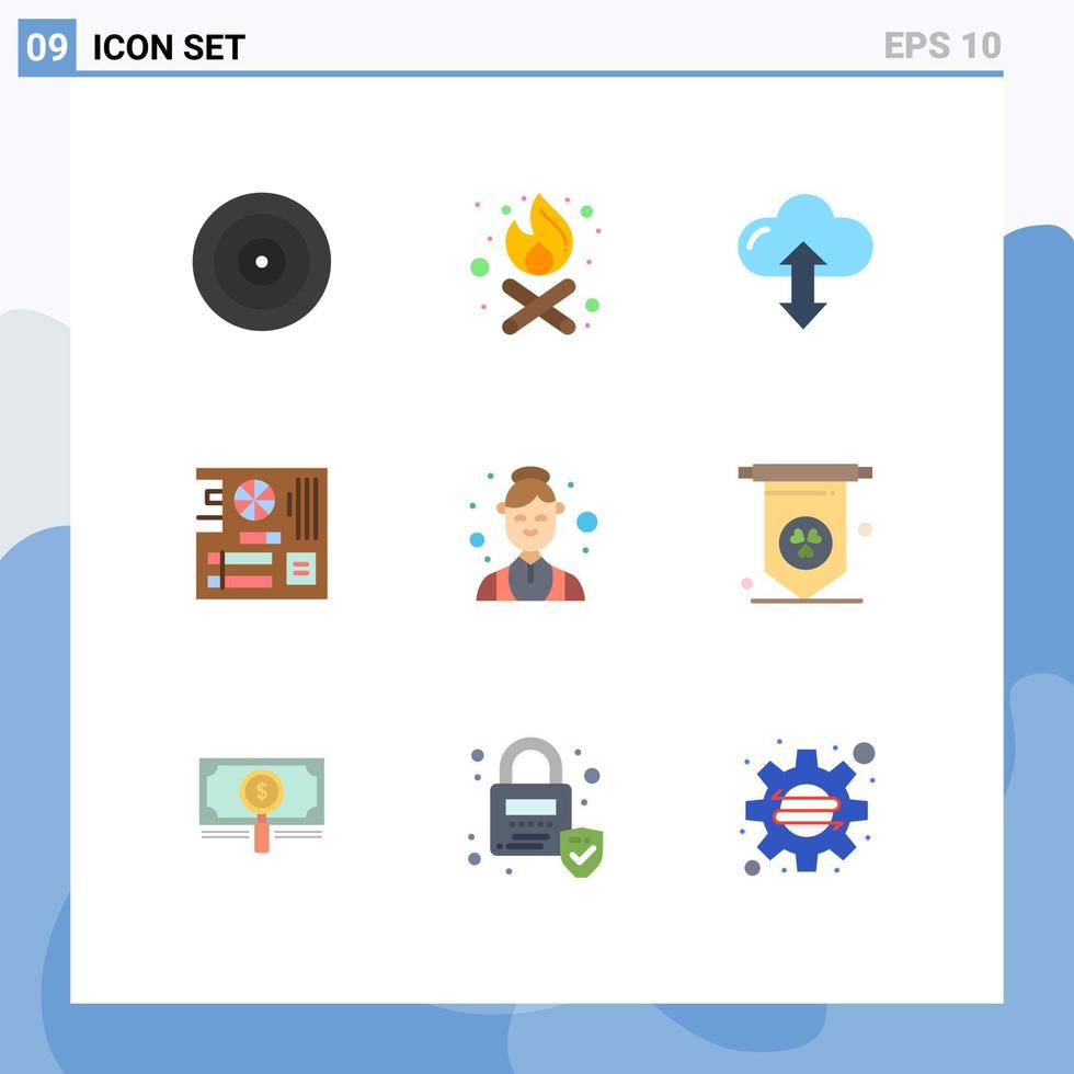 Pack of 9 Modern Flat Colors Signs and Symbols for Web Print Media such as female mother arrow mainboard computer Editable Vector Design Elements