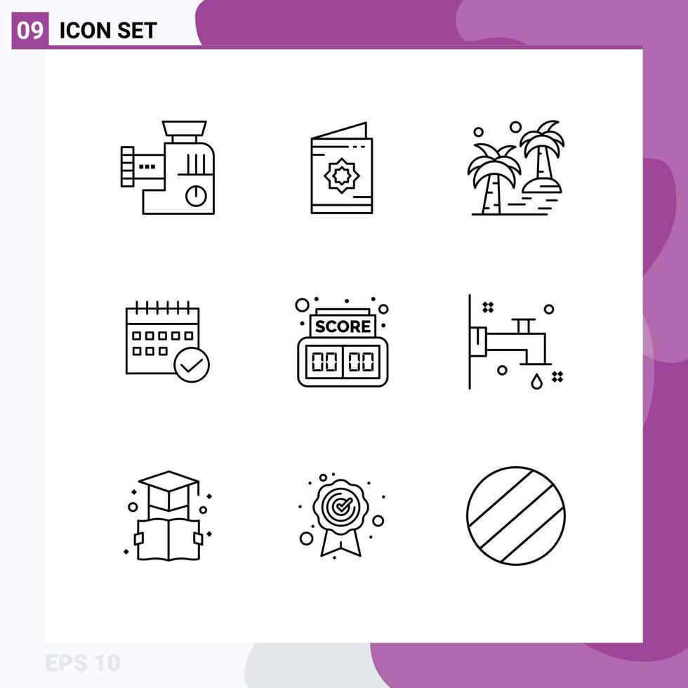 Modern Set of 9 Outlines Pictograph of calendar approved roza schedule beach Editable Vector Design Elements