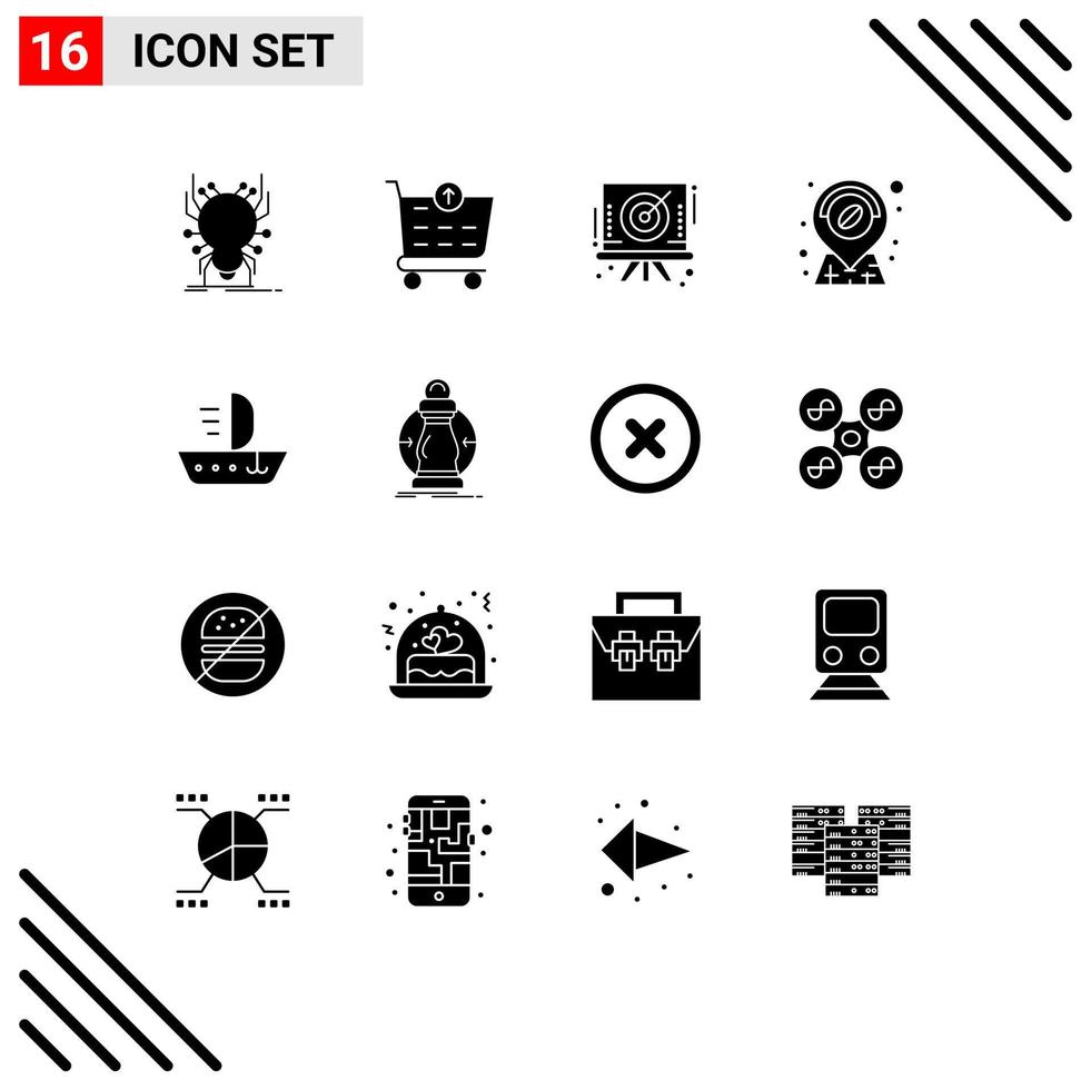 Universal Icon Symbols Group of 16 Modern Solid Glyphs of skiff sail arrow shop coffee Editable Vector Design Elements