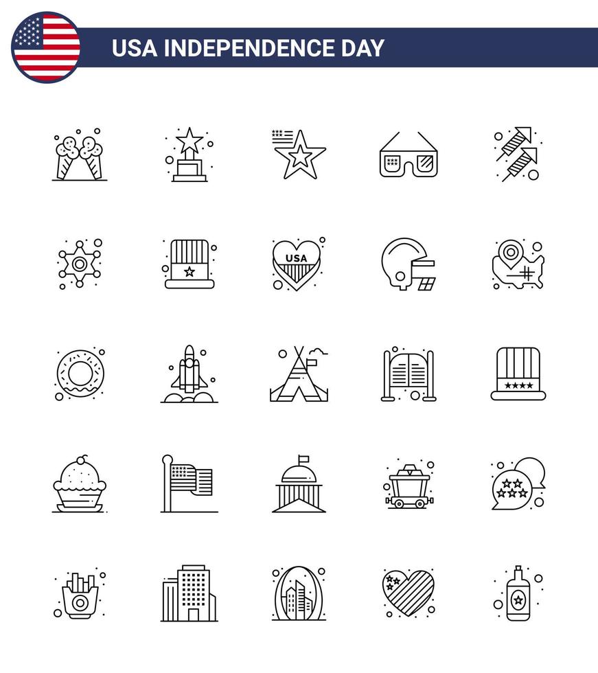 feliz día de la independencia 4 de julio conjunto de 25 líneas pictografía americana de celebración de fuegos artificiales gafas de estados unidos estadounidenses editables elementos de diseño vectorial del día de estados unidos vector