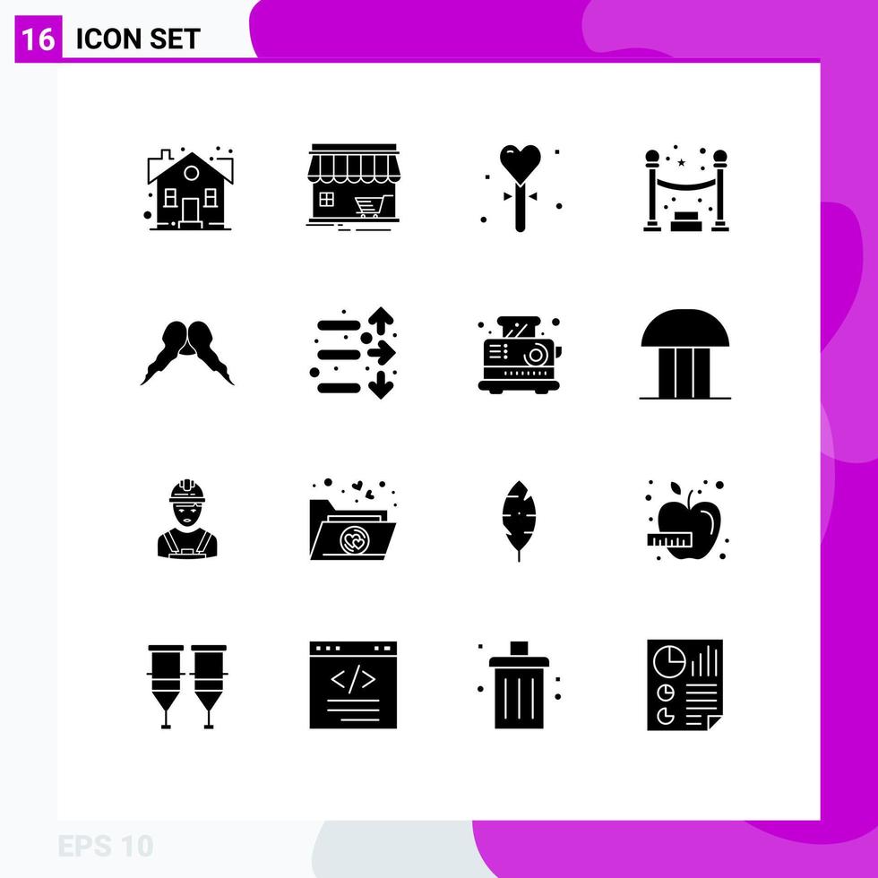 Pack of 16 Modern Solid Glyphs Signs and Symbols for Web Print Media such as party queue building stick heart Editable Vector Design Elements