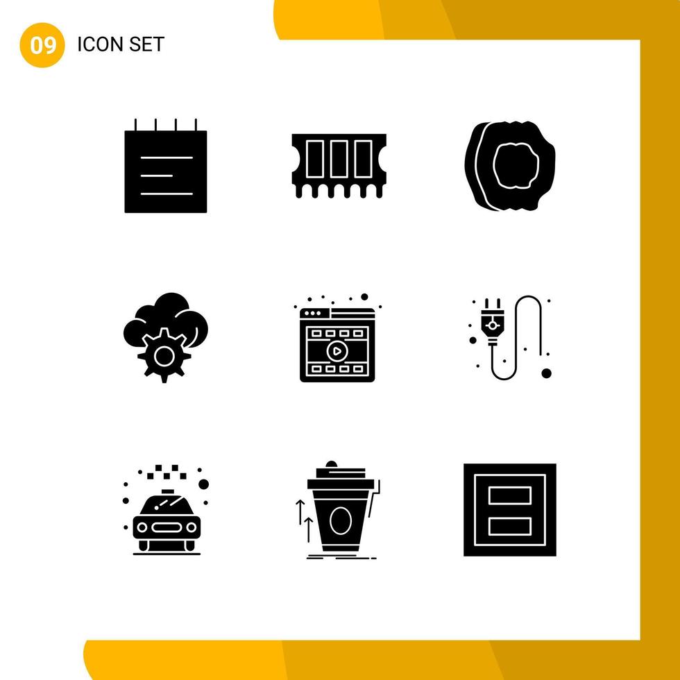 Universal Icon Symbols Group of 9 Modern Solid Glyphs of online player food browser gear Editable Vector Design Elements