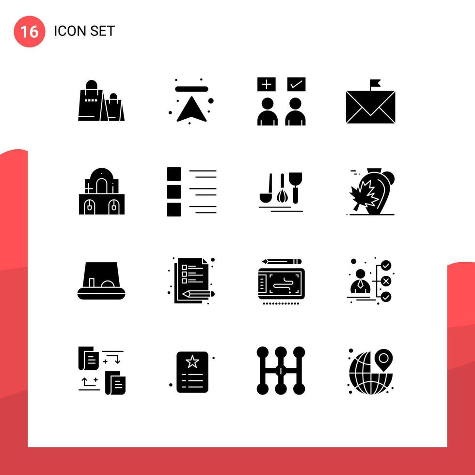 Group of 16 Modern Solid Glyphs Set for flagged email answers contact correct Editable Vector Design Elements