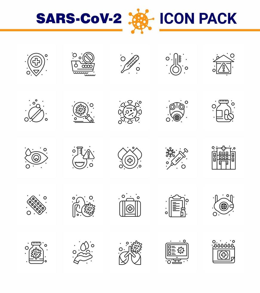 CORONAVIRUS 25 line Icon set on the theme of Corona epidemic contains icons such as protection hygiene temperature home temperature viral coronavirus 2019nov disease Vector Design Elements