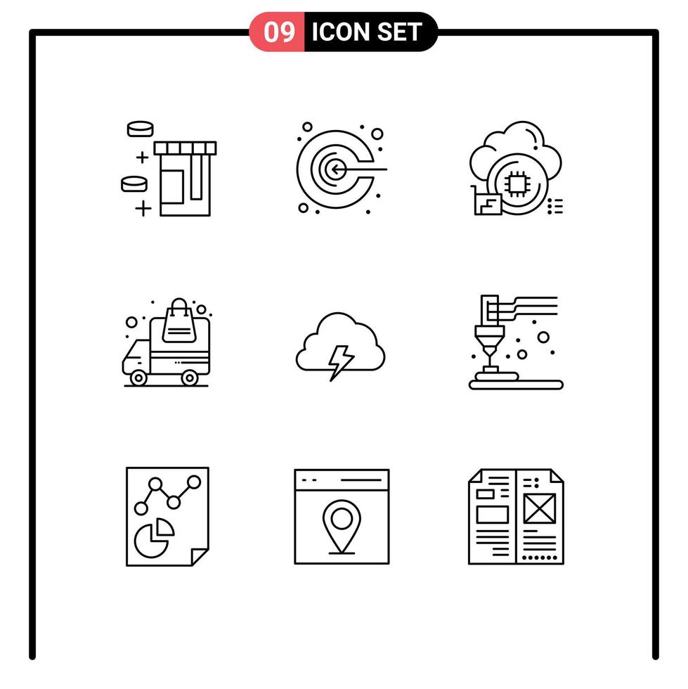Pictogram Set of 9 Simple Outlines of nature power processor order transportation Editable Vector Design Elements