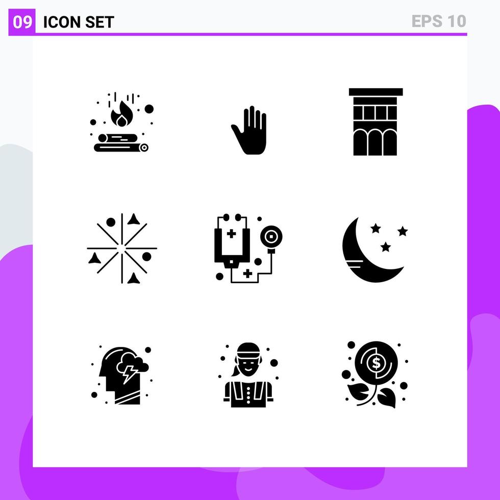 Modern Set of 9 Solid Glyphs Pictograph of doctor stars architecture fire residence Editable Vector Design Elements