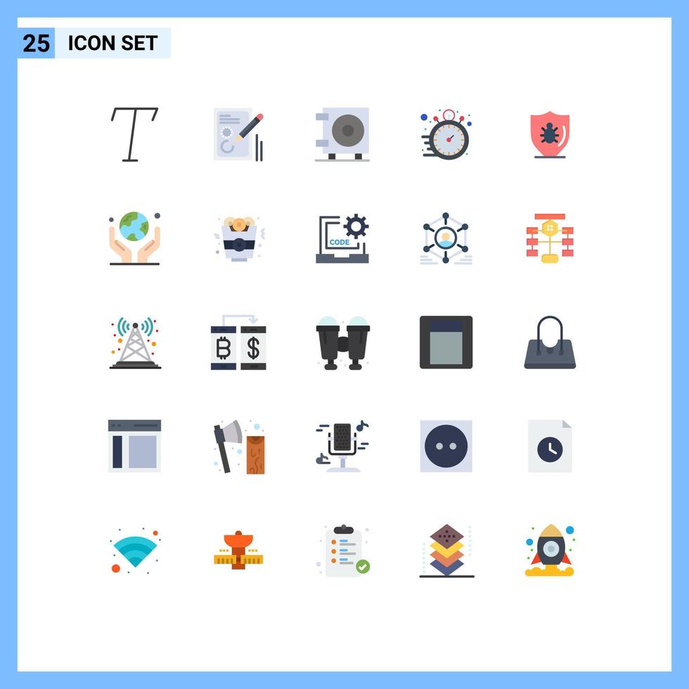 Flat Color Pack of 25 Universal Symbols of protect bug money time work hour Editable Vector Design Elements