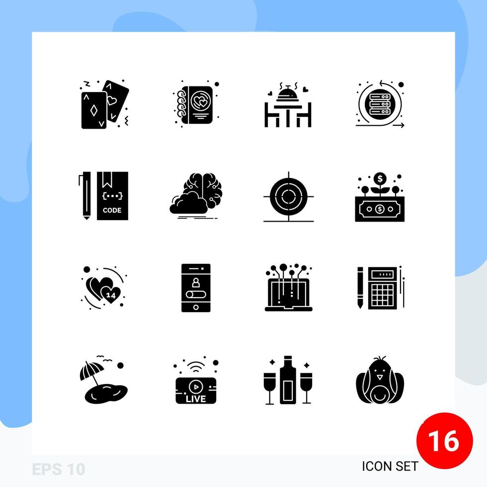 Set of 16 Commercial Solid Glyphs pack for server scrum writing iteration plate Editable Vector Design Elements