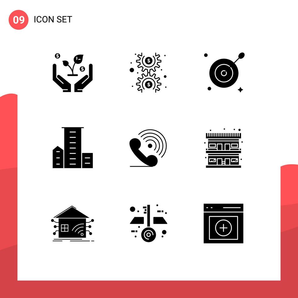 Set of 9 Vector Solid Glyphs on Grid for receiver call aim residences family Editable Vector Design Elements