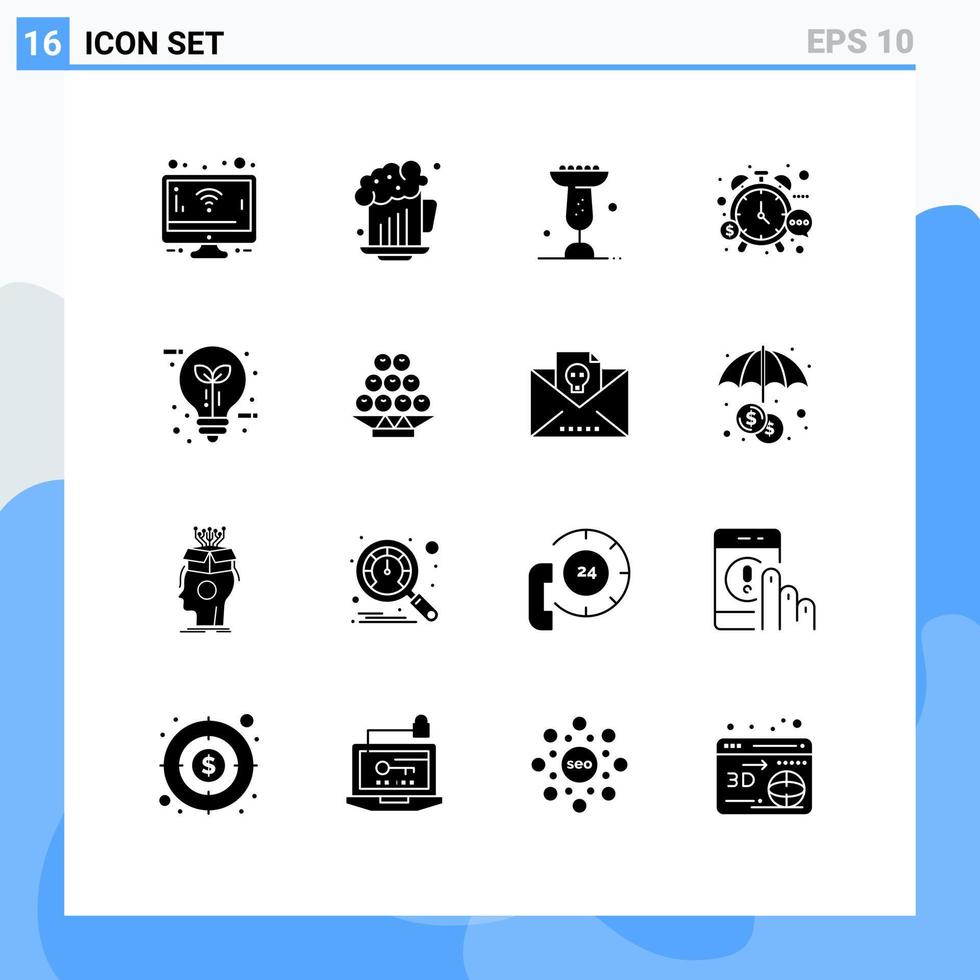 16 Universal Solid Glyphs Set for Web and Mobile Applications eco watch food time money Editable Vector Design Elements