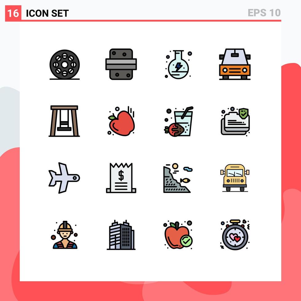 Group of 16 Modern Flat Color Filled Lines Set for swing kids food vehicles flask Editable Creative Vector Design Elements