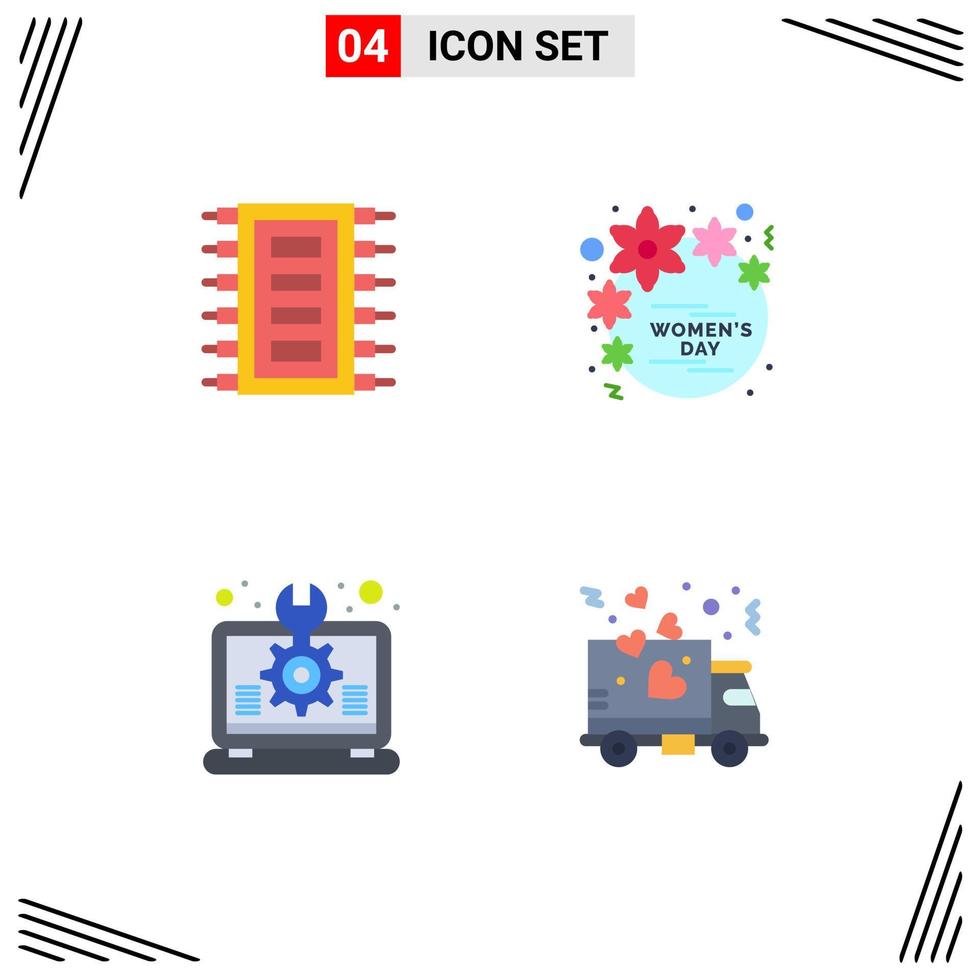 Pack of 4 Modern Flat Icons Signs and Symbols for Web Print Media such as tech women computer flower design Editable Vector Design Elements