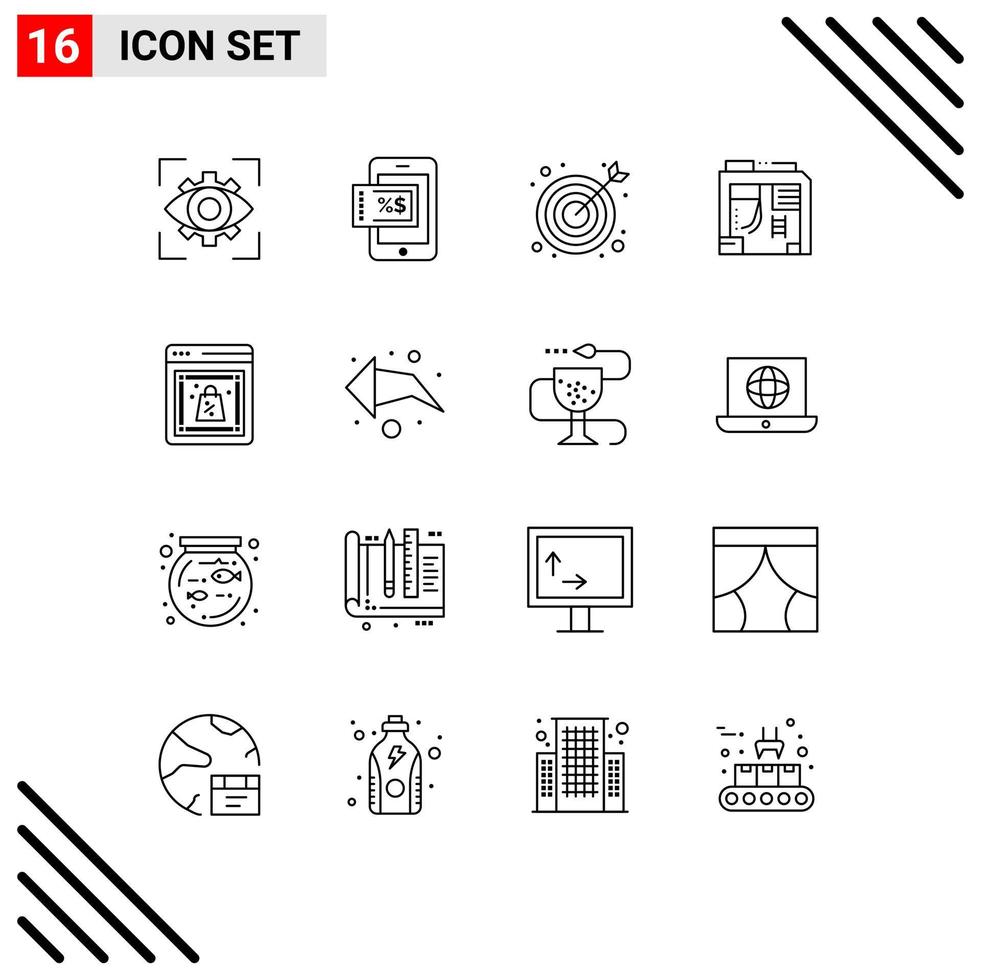 User Interface Pack of 16 Basic Outlines of shop discount bulls eye computer box Editable Vector Design Elements