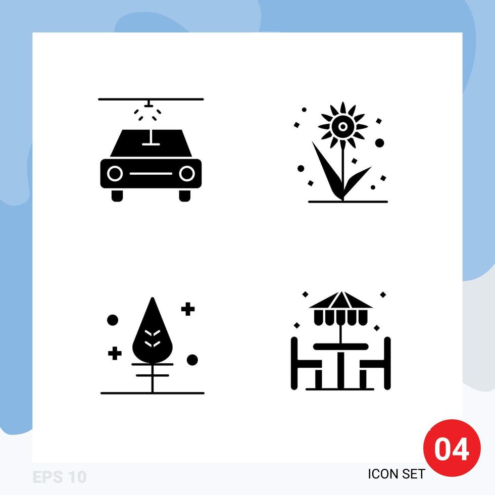 paquete de glifos sólidos de 4 símbolos universales de coche playa flor pluma cena elementos de diseño vectorial editables vector