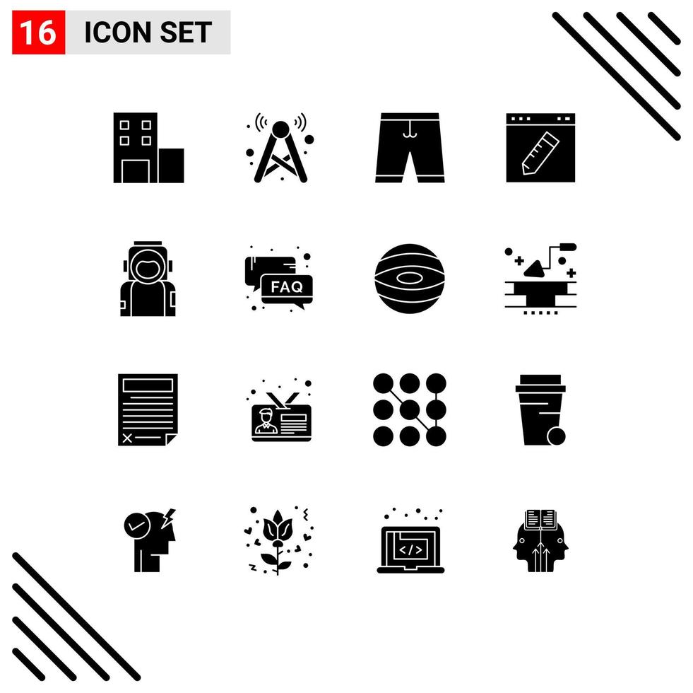 Pack of 16 Modern Solid Glyphs Signs and Symbols for Web Print Media such as graphic edit accessories design shorts Editable Vector Design Elements