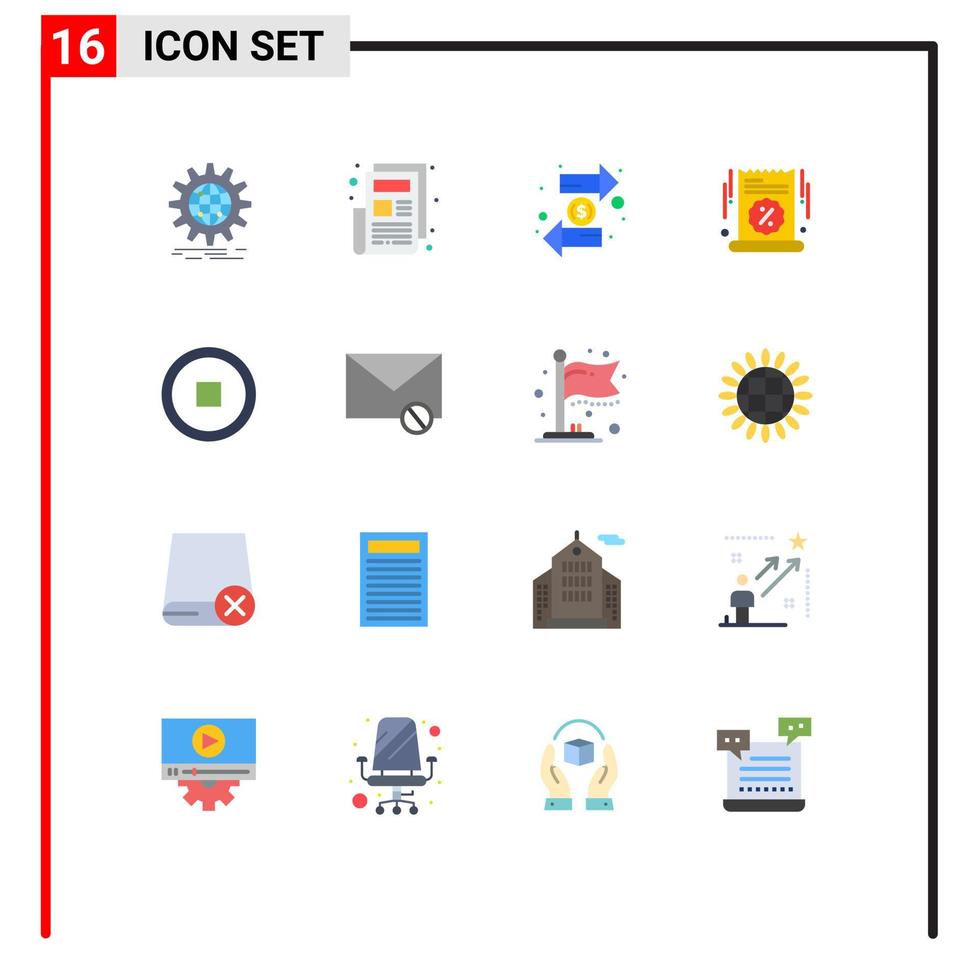 Paquete de 16 colores planos de interfaz de usuario de signos y símbolos modernos de anuncio de venta porcentual intercambio de gran venta de monedas paquete editable de elementos de diseño de vectores creativos