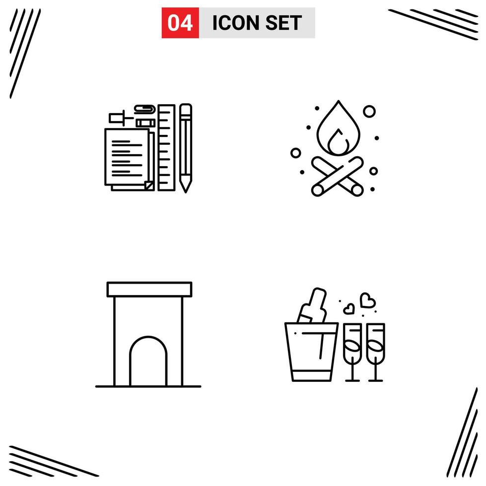 Mobile Interface Line Set of 4 Pictograms of stationary estate notepad campfire property Editable Vector Design Elements