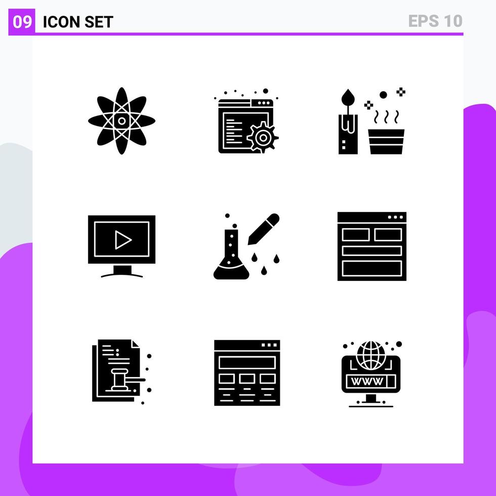 Set of 9 Modern UI Icons Symbols Signs for pipette dropper medicine dropper spa chemical test video Editable Vector Design Elements