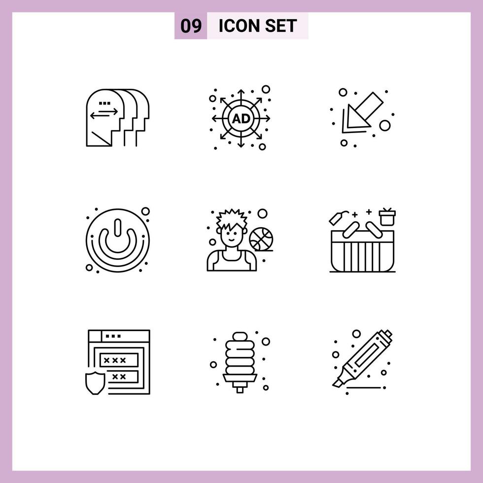 Set of 9 Commercial Outlines pack for basketball athlete down switch power button Editable Vector Design Elements