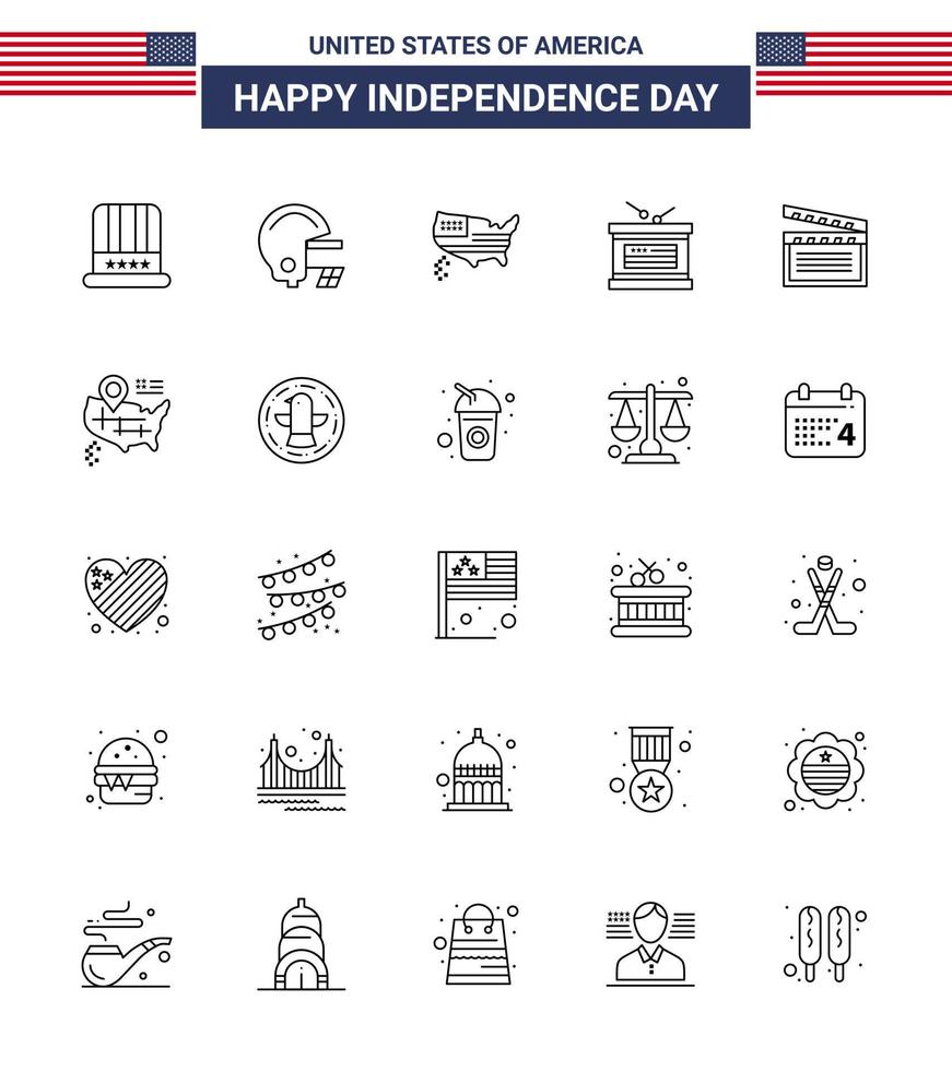 Happy Independence Day USA Pack of 25 Creative Lines of video american map independence day holiday Editable USA Day Vector Design Elements