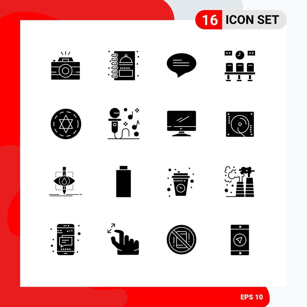 Pack of 16 Modern Solid Glyphs Signs and Symbols for Web Print Media such as magic circle chat clock train Editable Vector Design Elements