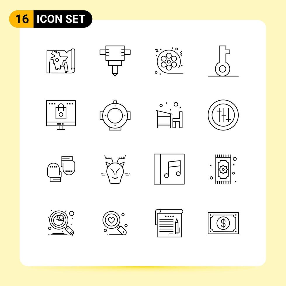 Pictogram Set of 16 Simple Outlines of shop computer video bag password Editable Vector Design Elements