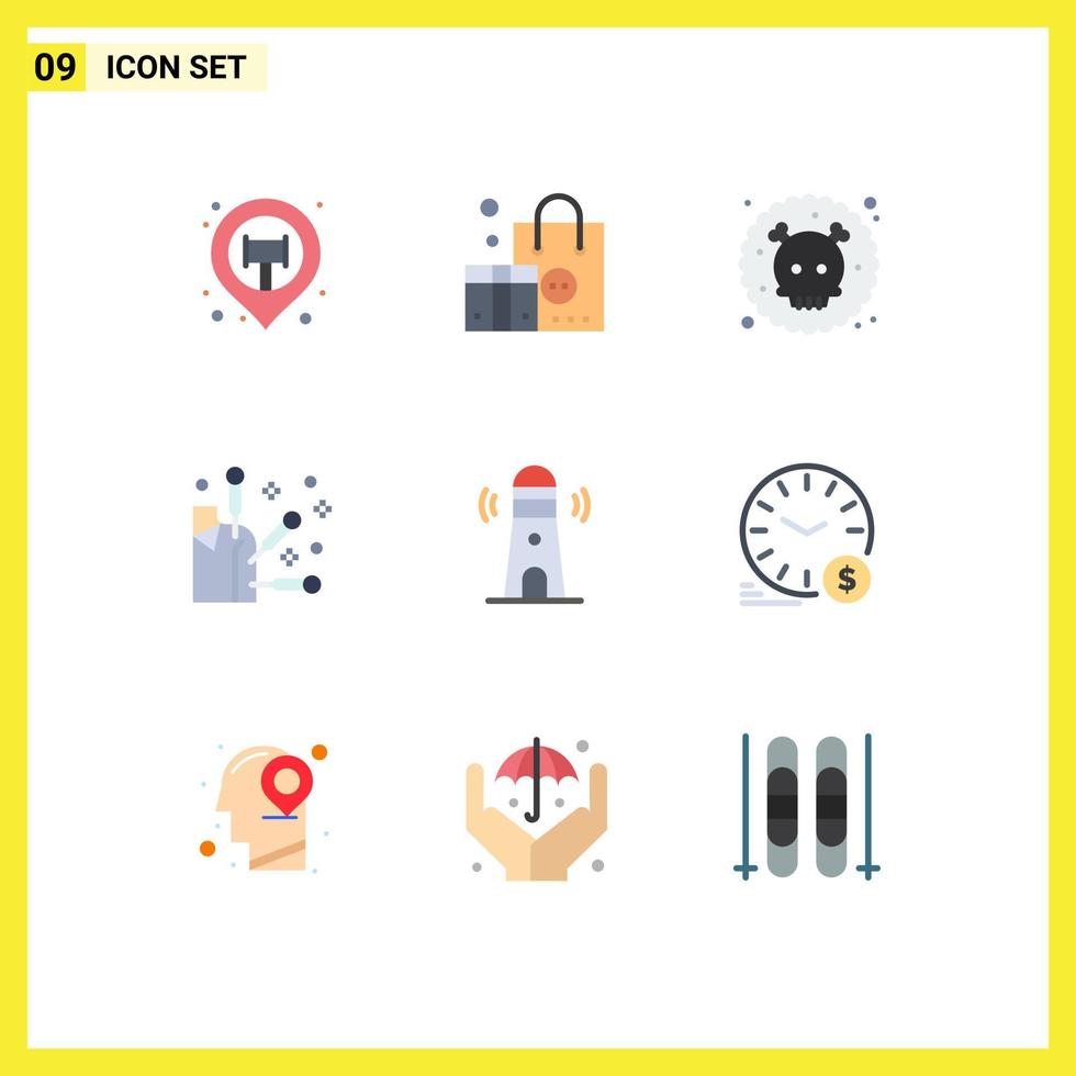 Set of 9 Vector Flat Colors on Grid for lighthouse beach gas element acupuncture Editable Vector Design Elements